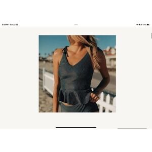 Albion tie spaghetti strap peplum black cream patterned swim tankini top medium